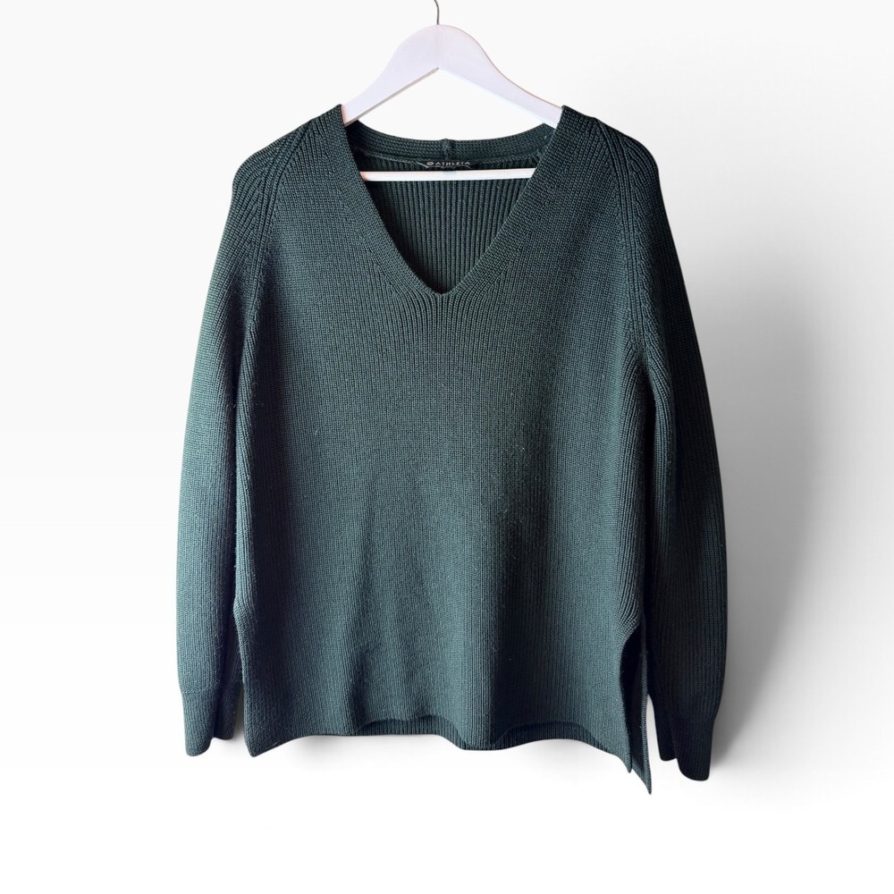 Athleta Womens Shaker Stitch V-Neck Merino Wool Blend Sweater Green Small 354141